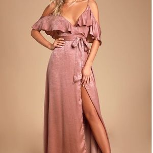 Lulus Rose Satin Wrap Maxi Dress NWT